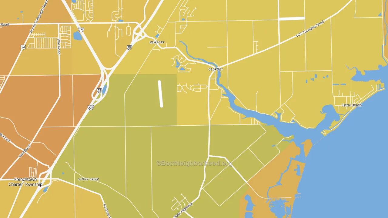 Map of the best neighborhoods in the Oldport area, with better matches in green and worse matches in red