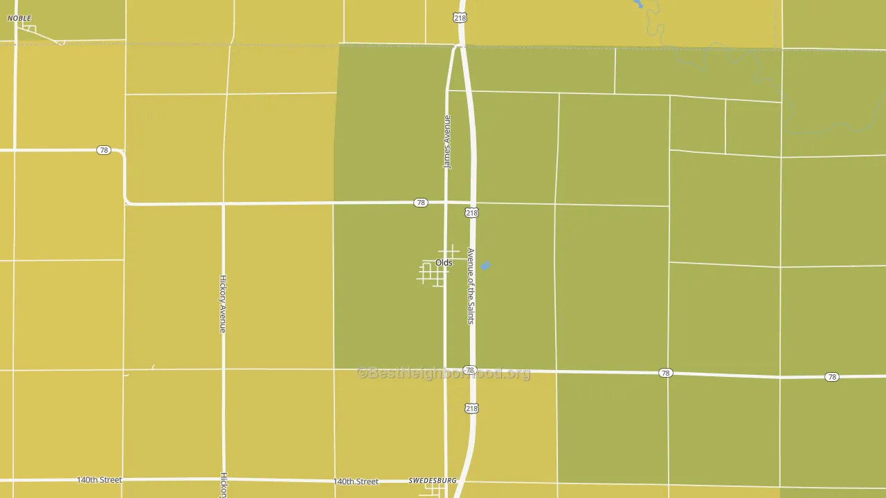 Map of the best neighborhoods in the Olds area, with better matches in green and worse matches in red