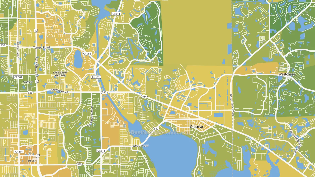 Map of the best neighborhoods in the Oldsmar area, with better matches in green and worse matches in red