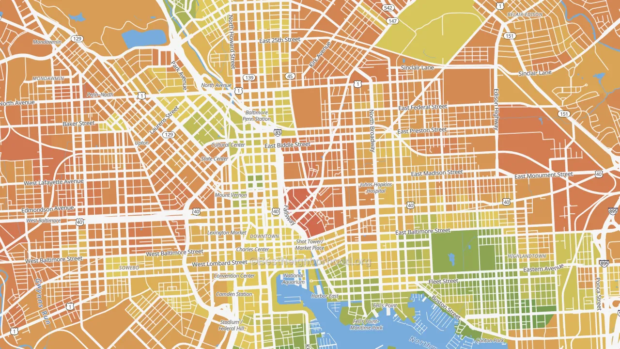 Map of the best neighborhoods in the Oldtown, Baltimore area, with better matches in green and worse matches in red