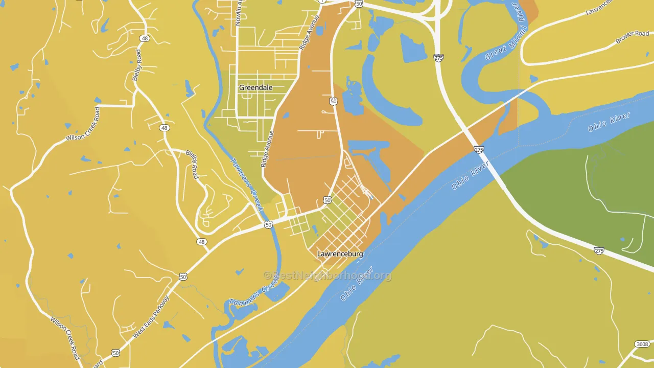 Map of the best neighborhoods in the Oldtown area, with better matches in green and worse matches in red