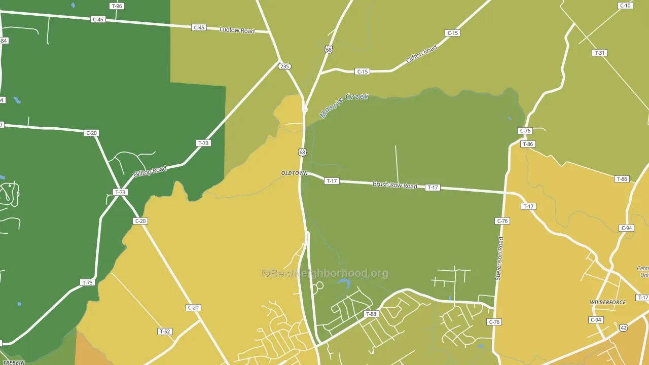 Map of the best neighborhoods in the Oldtown area, with better matches in green and worse matches in red