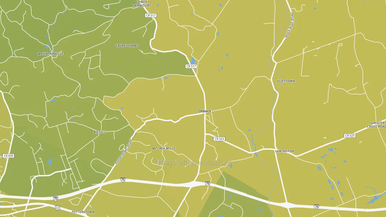 Map of the best neighborhoods in the Oldwick area, with better matches in green and worse matches in red