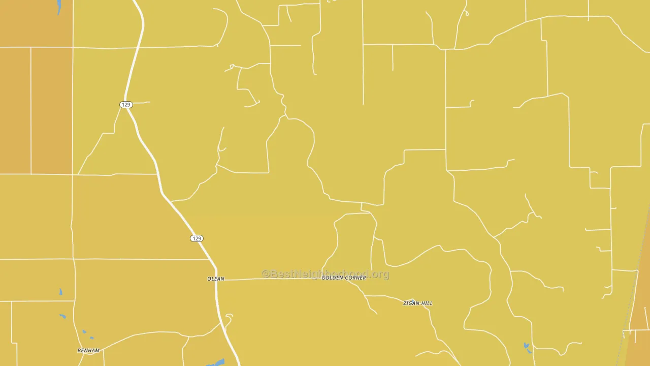 Map of the best neighborhoods in the Olean area, with better matches in green and worse matches in red