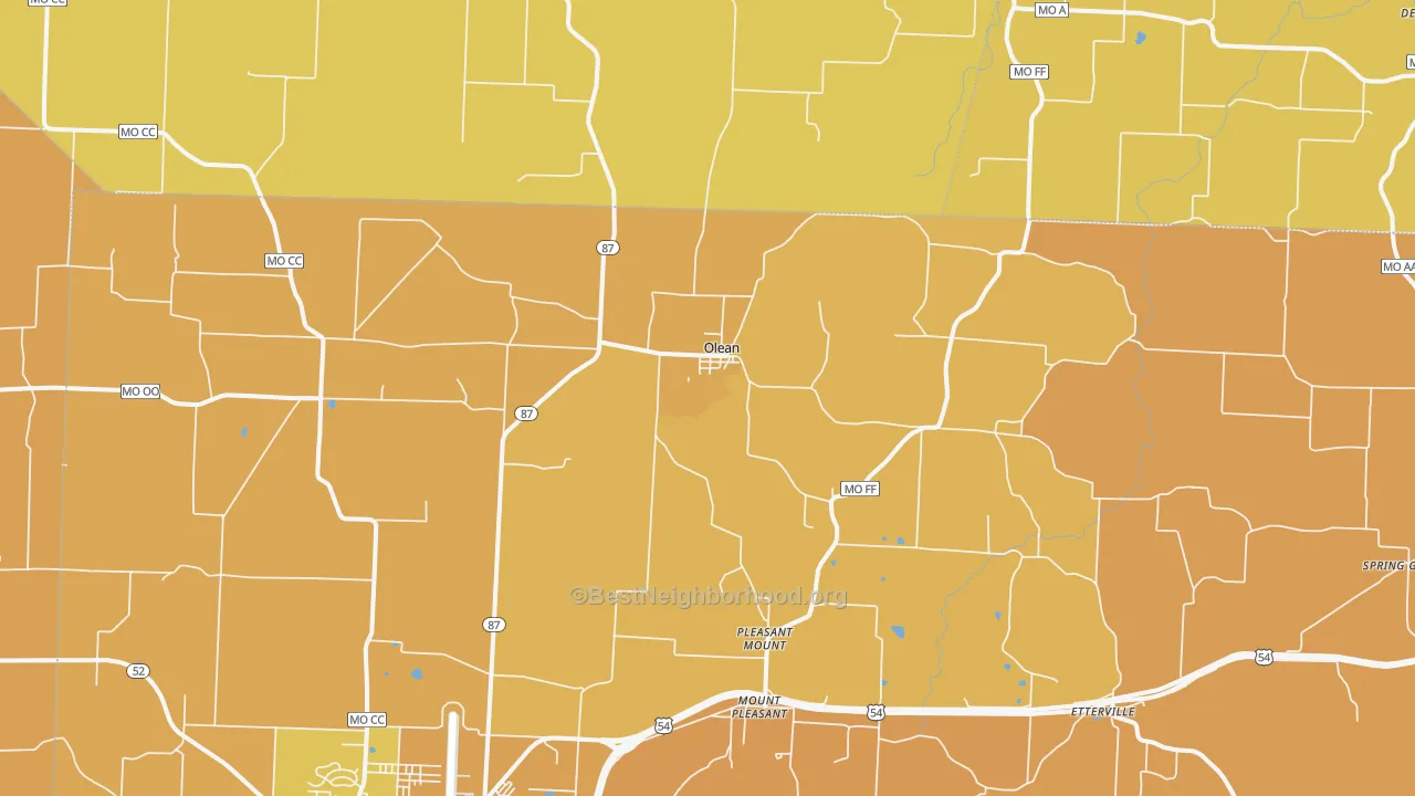 Map of the best neighborhoods in the Olean area, with better matches in green and worse matches in red