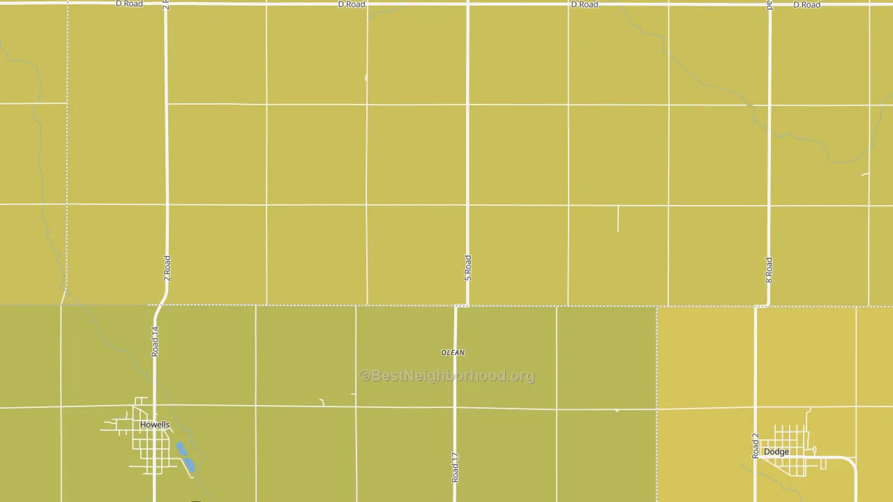 Map of the best neighborhoods in the Olean area, with better matches in green and worse matches in red