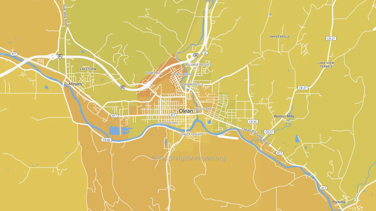 Map of the best neighborhoods in the Olean area, with better matches in green and worse matches in red