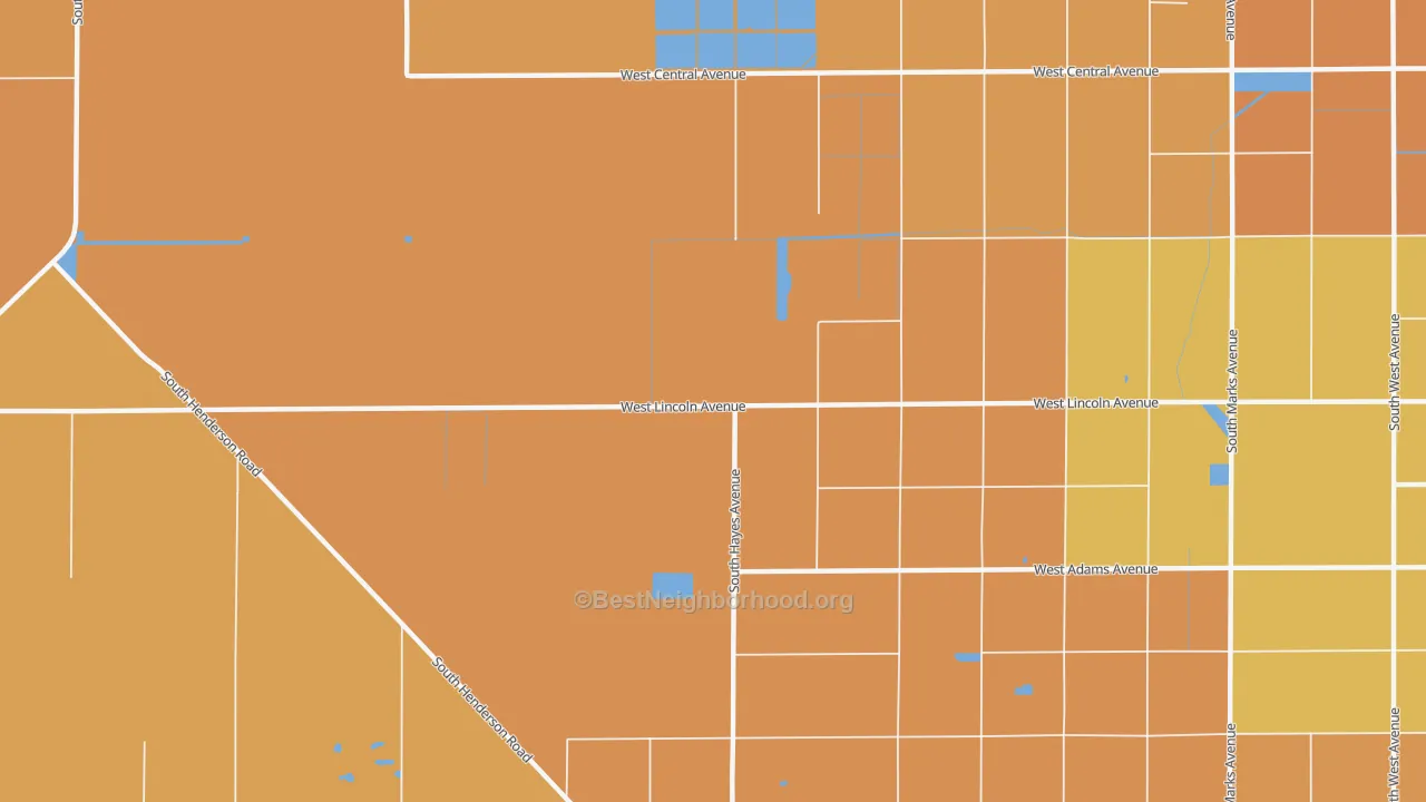Map of the best neighborhoods in the Oleander area, with better matches in green and worse matches in red