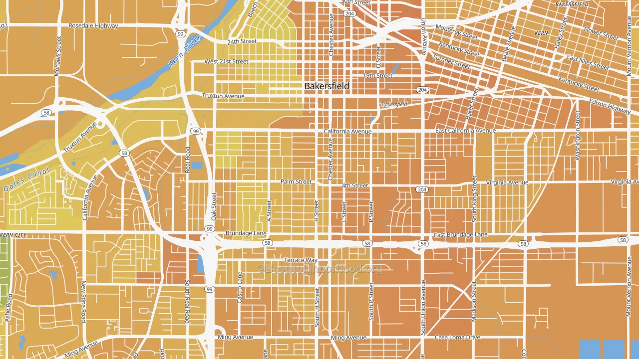 Map of the best neighborhoods in the Oleander Sunset, Bakersfield area, with better matches in green and worse matches in red