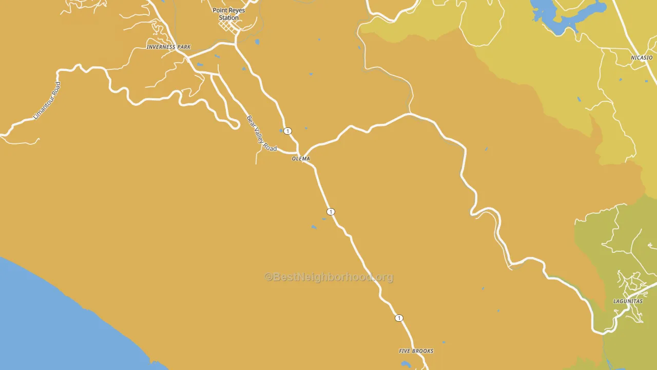 Map of the best neighborhoods in the Olema area, with better matches in green and worse matches in red