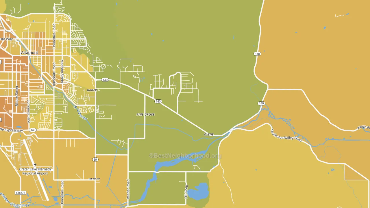 Map of the best neighborhoods in the Olene area, with better matches in green and worse matches in red