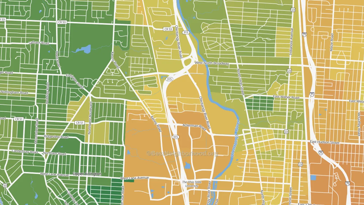 Map of the best neighborhoods in the Olentangy River Road, Columbus area, with better matches in green and worse matches in red