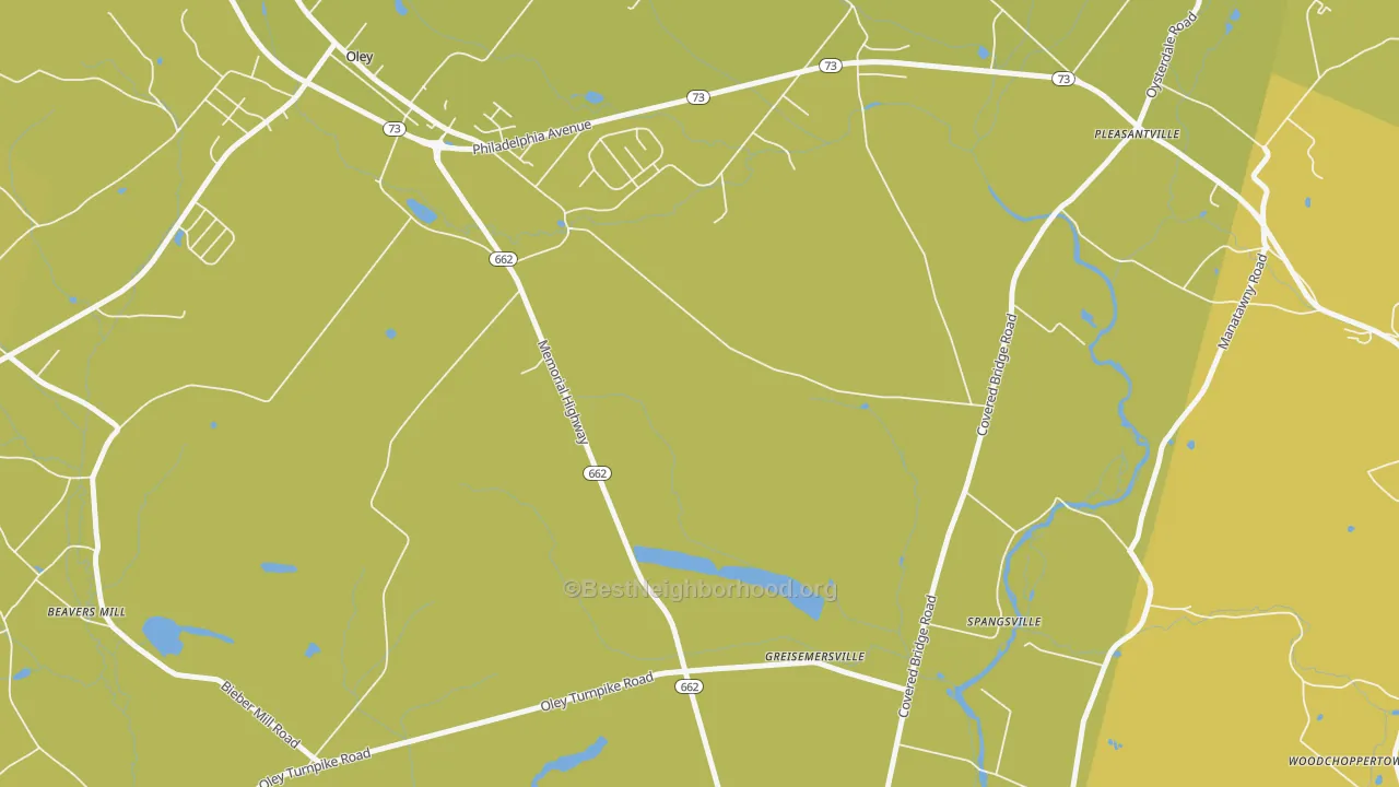 Map of the best neighborhoods in the Oley Furnace area, with better matches in green and worse matches in red