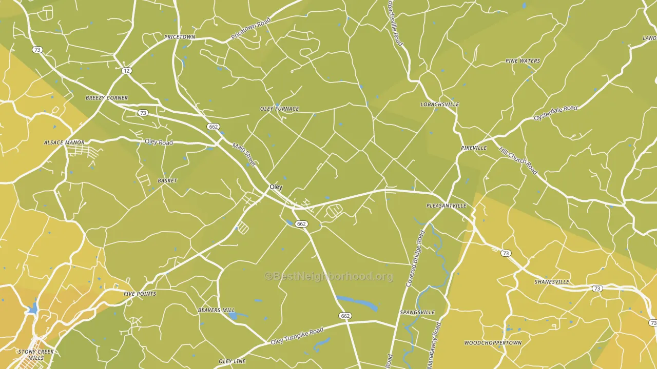 Map of the best neighborhoods in the Oley area, with better matches in green and worse matches in red