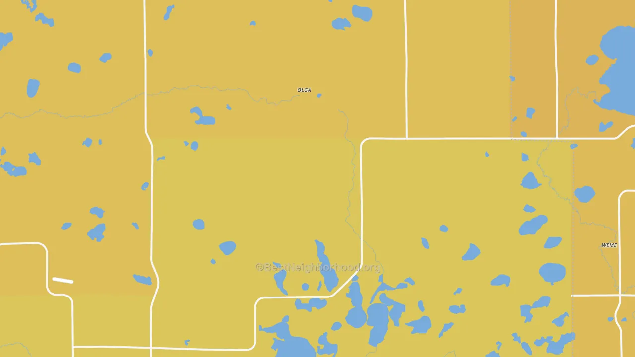 Map of the best neighborhoods in the Olga area, with better matches in green and worse matches in red