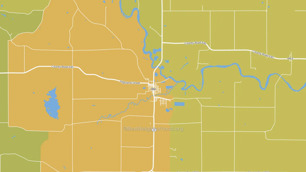 Map of the best neighborhoods in the Olin area, with better matches in green and worse matches in red