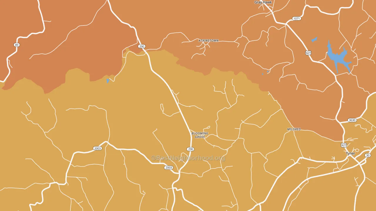 Map of the best neighborhoods in the Olin area, with better matches in green and worse matches in red