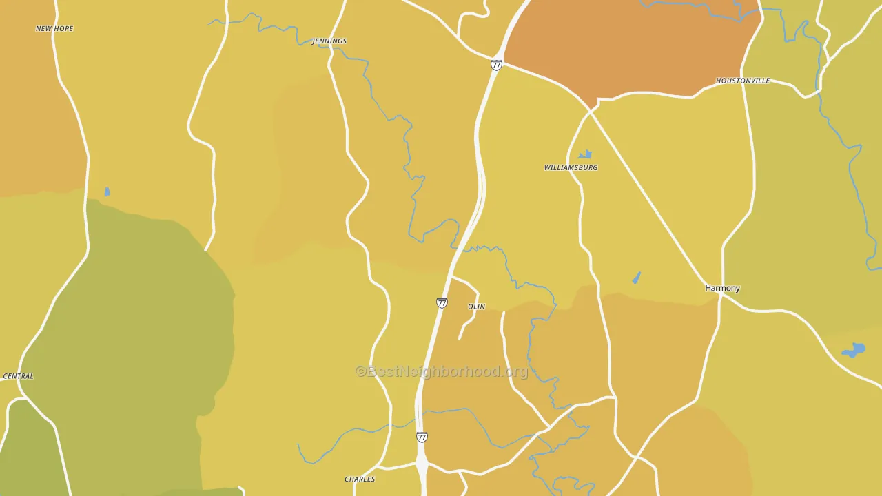 Map of the best neighborhoods in the Olin area, with better matches in green and worse matches in red
