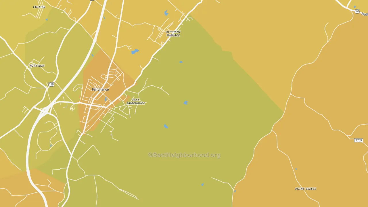 Map of the best neighborhoods in the Oliphant Furnace area, with better matches in green and worse matches in red