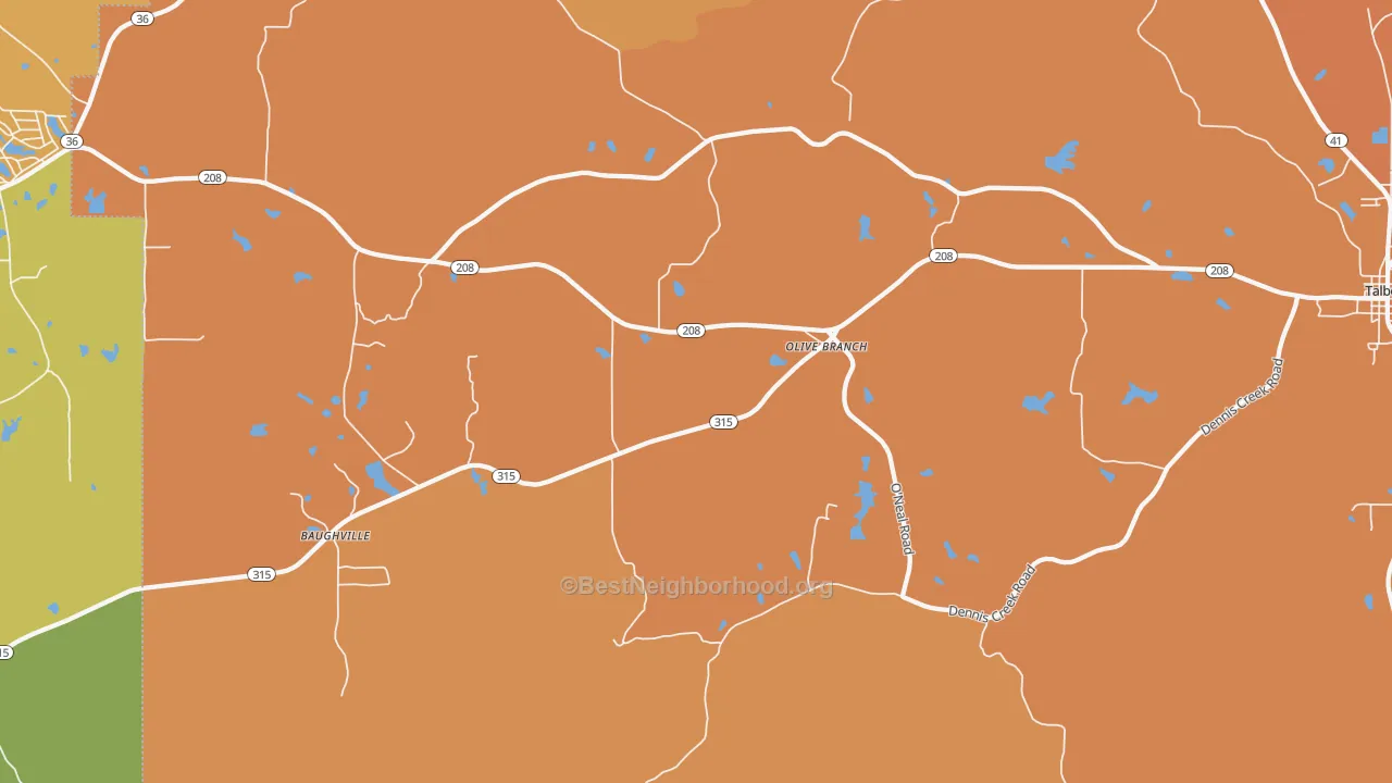 Map of the best neighborhoods in the Olive Branch area, with better matches in green and worse matches in red