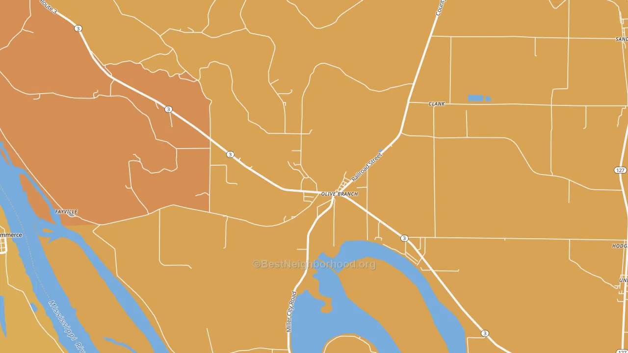 Map of the best neighborhoods in the Olive Branch area, with better matches in green and worse matches in red