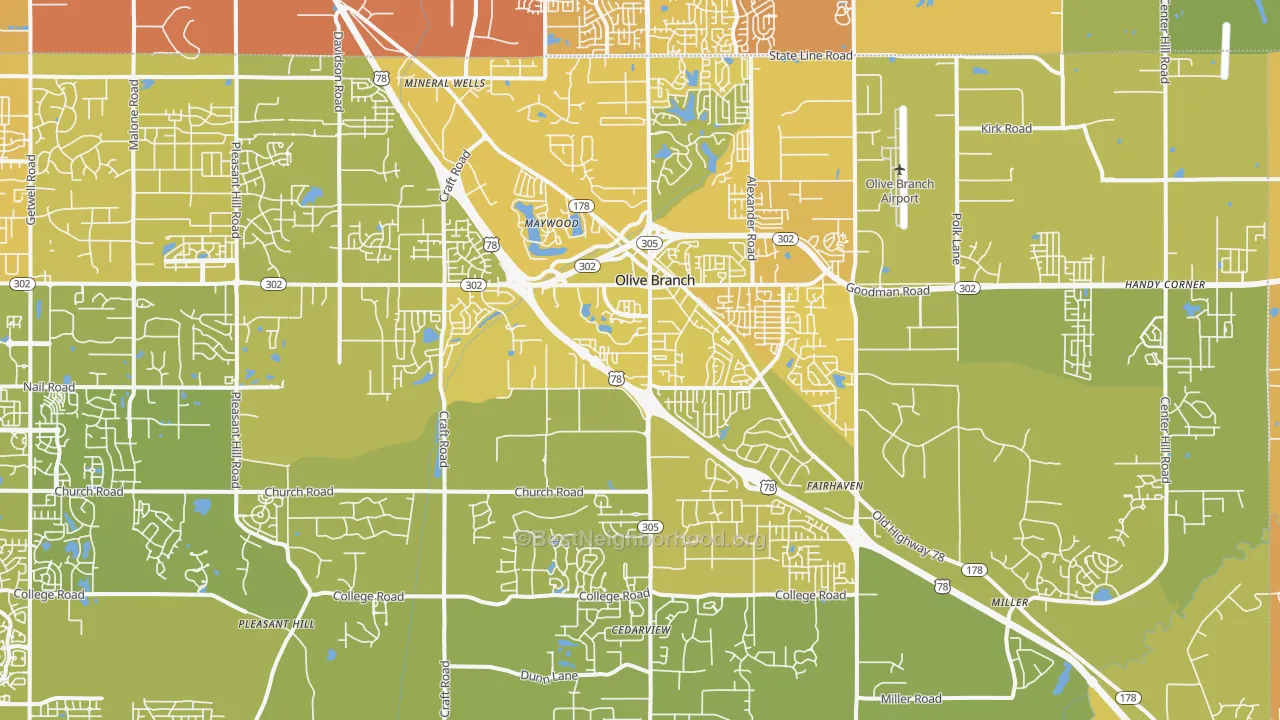 Map of the best neighborhoods in the Olive Branch area, with better matches in green and worse matches in red