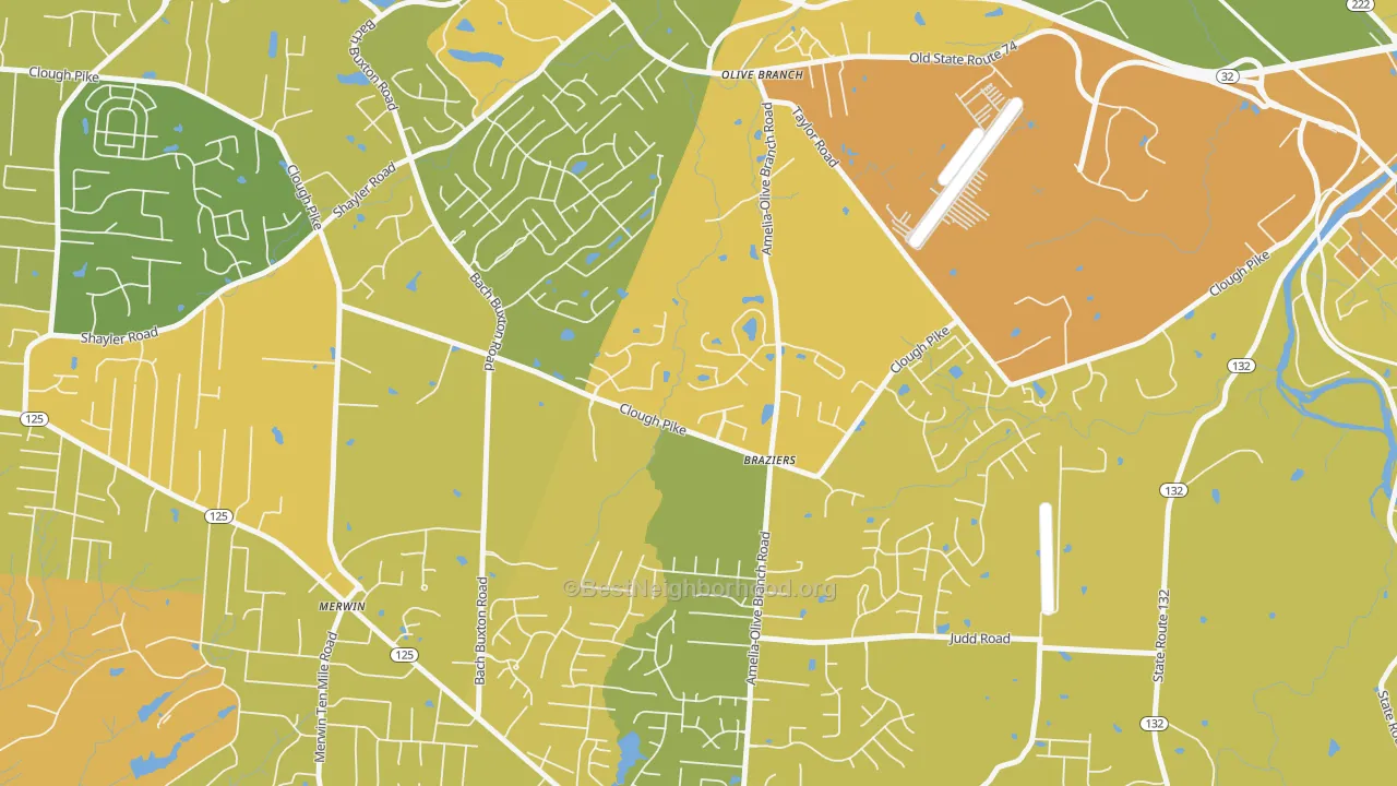 Map of the best neighborhoods in the Olive Branch area, with better matches in green and worse matches in red