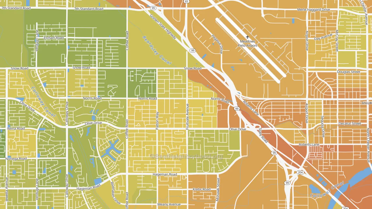 Map of the best neighborhoods in the Olive Drive Area, Bakersfield area, with better matches in green and worse matches in red