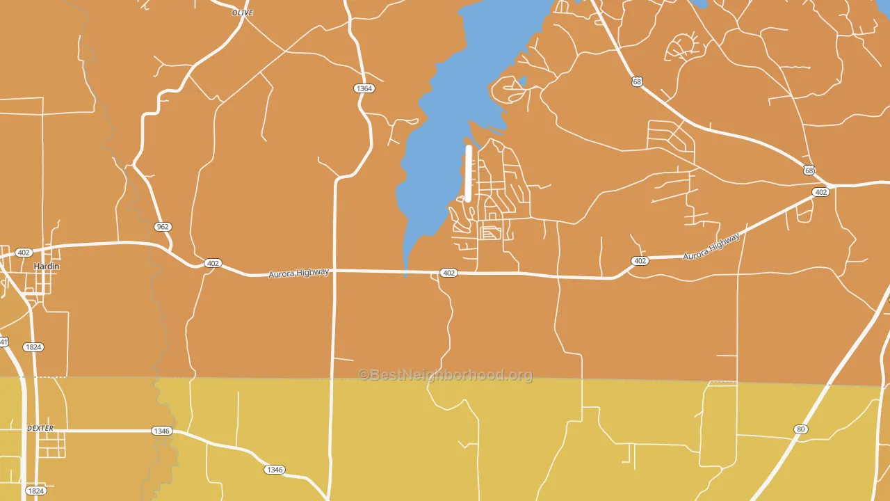 Map of the best neighborhoods in the Olive area, with better matches in green and worse matches in red