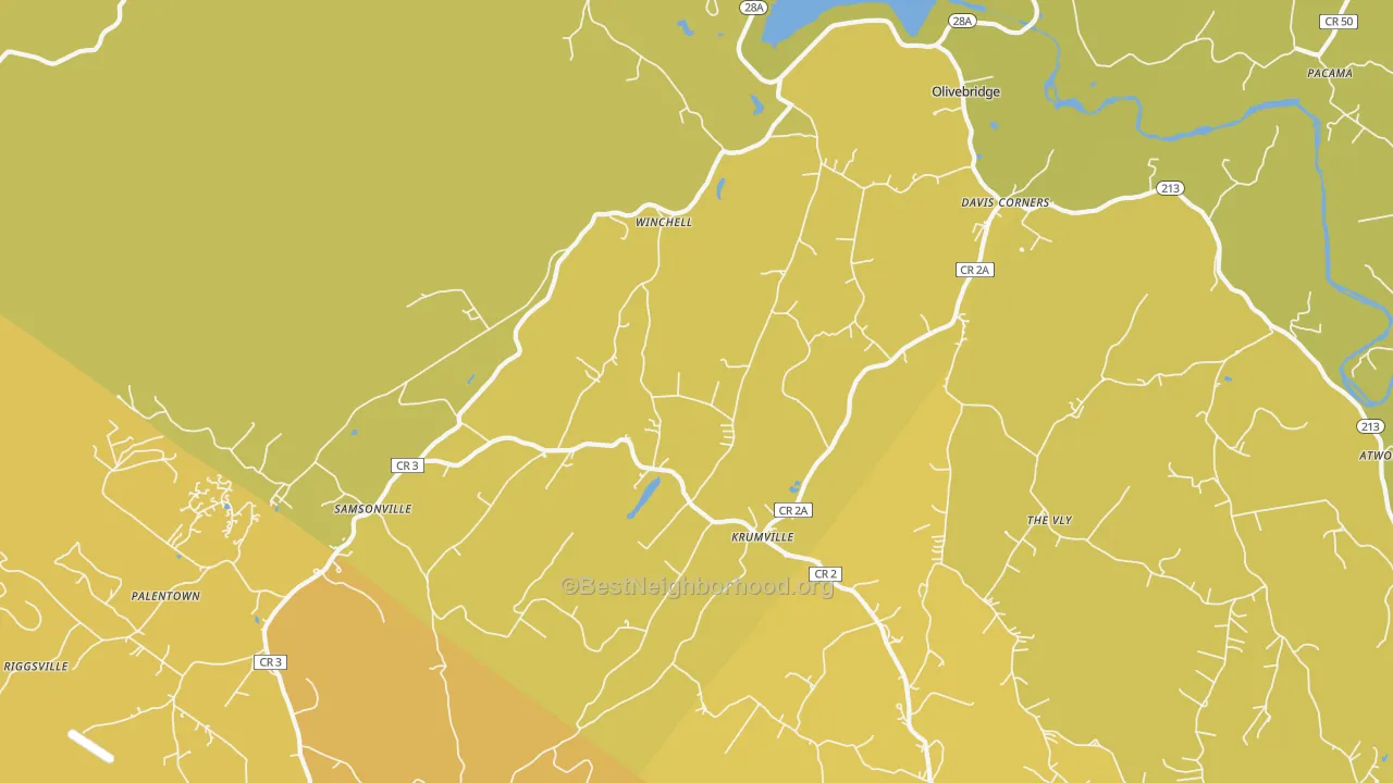 Map of the best neighborhoods in the Olivebridge area, with better matches in green and worse matches in red