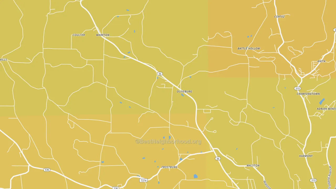 Map of the best neighborhoods in the Oliveburg area, with better matches in green and worse matches in red