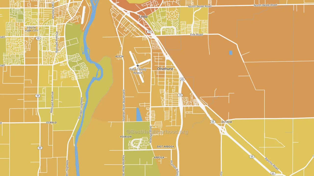 Map of the best neighborhoods in the Olivehurst area, with better matches in green and worse matches in red