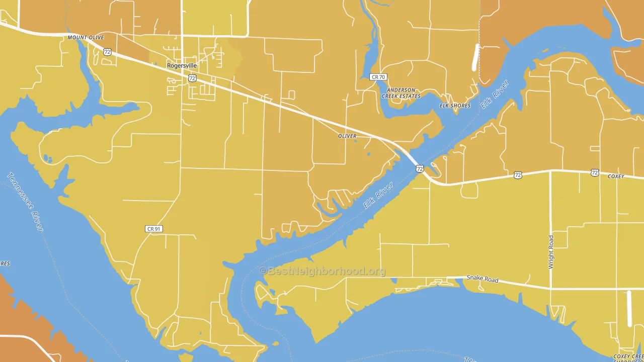 Map of the best neighborhoods in the Oliver area, with better matches in green and worse matches in red