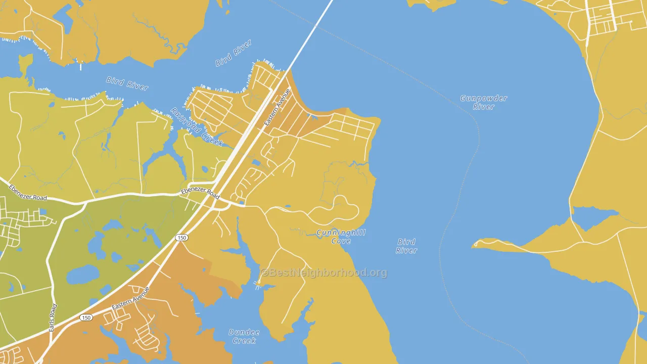 Map of the best neighborhoods in the Oliver Beach area, with better matches in green and worse matches in red
