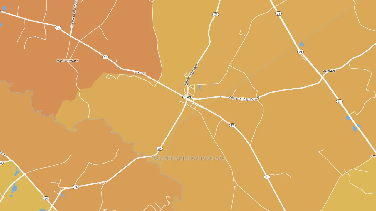 Map of the best neighborhoods in the Oliver area, with better matches in green and worse matches in red