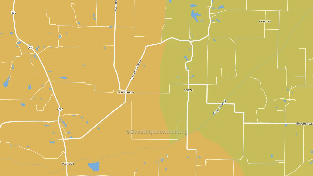 Map of the best neighborhoods in the Oliver area, with better matches in green and worse matches in red