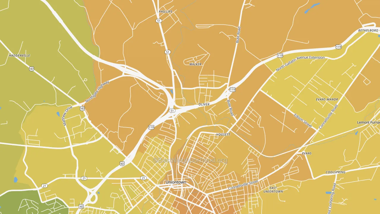 Map of the best neighborhoods in the Oliver area, with better matches in green and worse matches in red