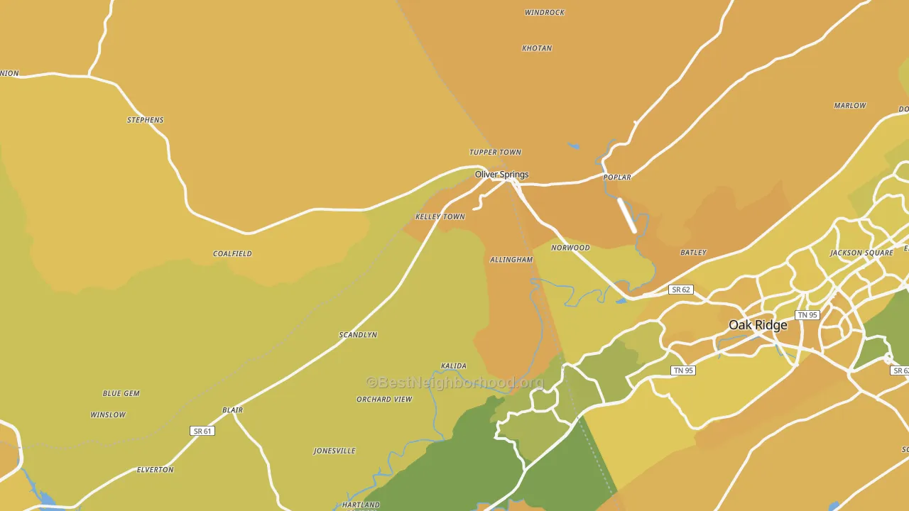 Map of the best neighborhoods in the Oliver Springs area, with better matches in green and worse matches in red