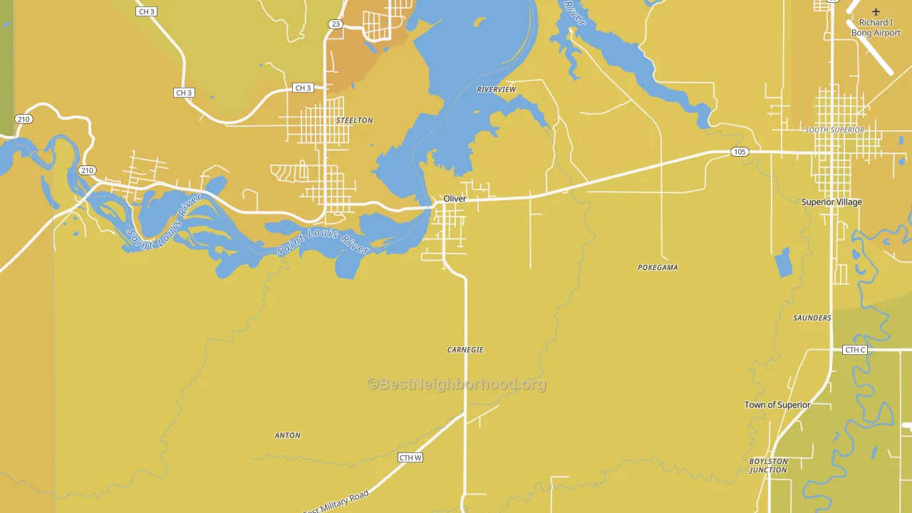 Map of the best neighborhoods in the Oliver area, with better matches in green and worse matches in red