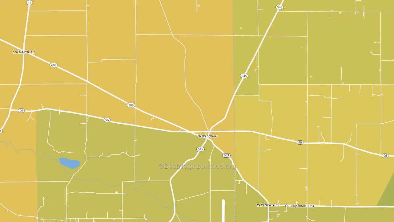 Map of the best neighborhoods in the Olivesburg area, with better matches in green and worse matches in red