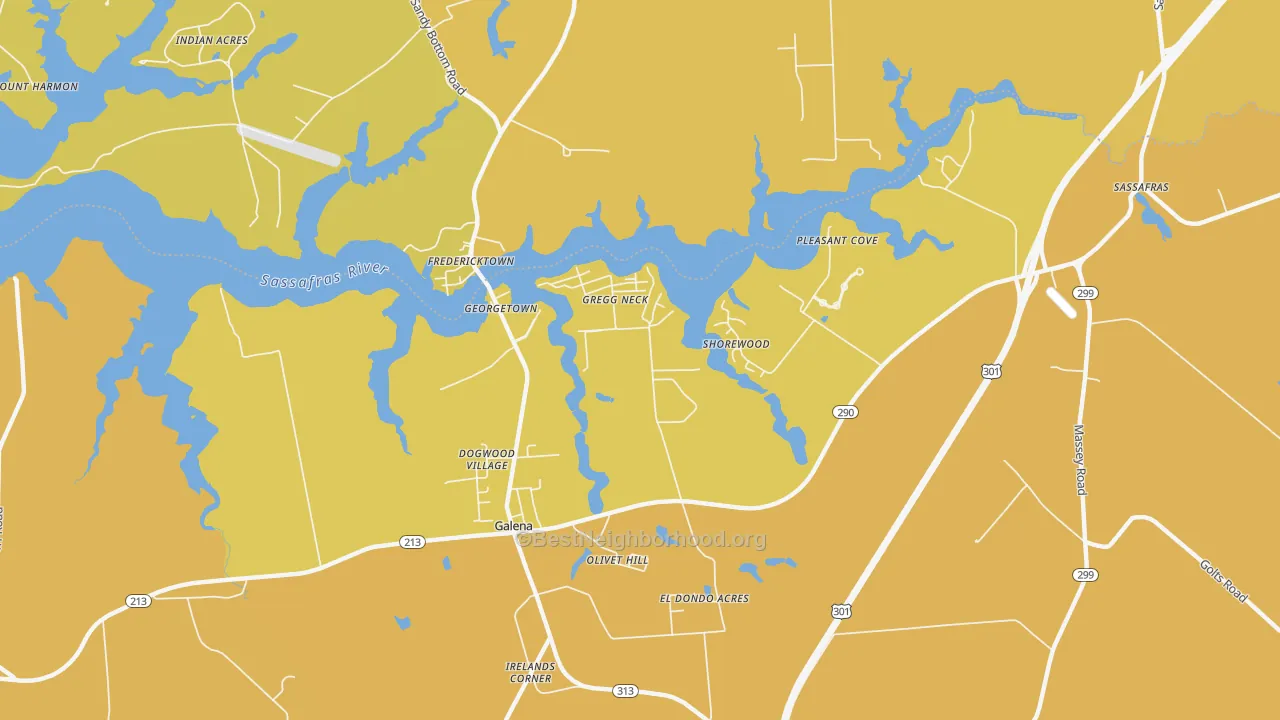 Map of the best neighborhoods in the Olivet Hill area, with better matches in green and worse matches in red