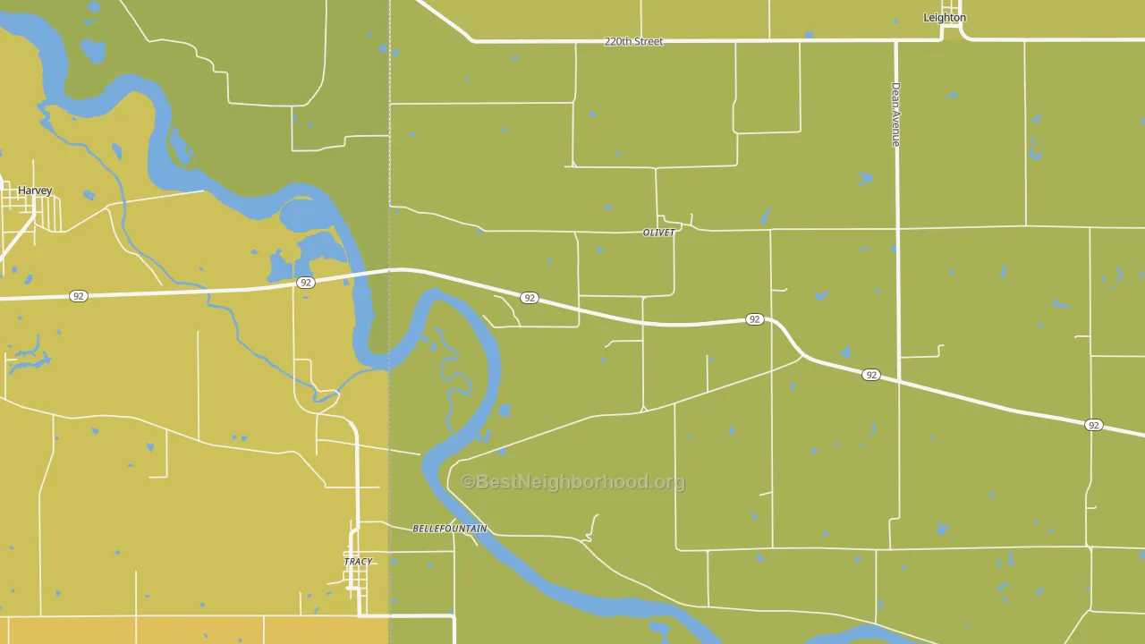 Map of the best neighborhoods in the Olivet area, with better matches in green and worse matches in red
