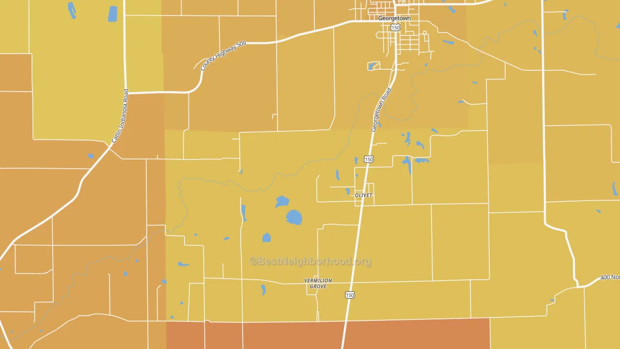 Map of the best neighborhoods in the Olivet area, with better matches in green and worse matches in red