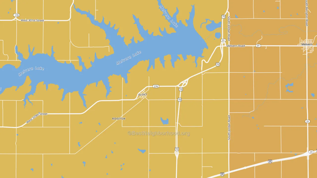 Map of the best neighborhoods in the Olivet area, with better matches in green and worse matches in red