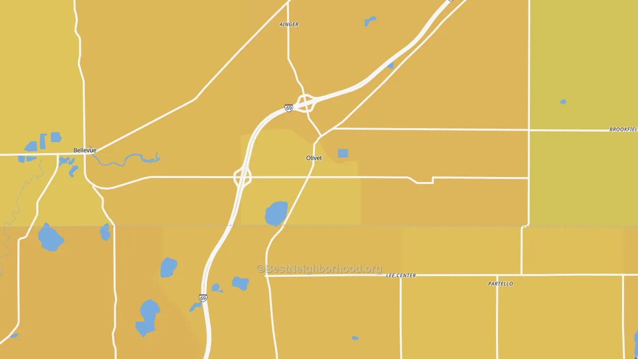 Map of the best neighborhoods in the Olivet area, with better matches in green and worse matches in red