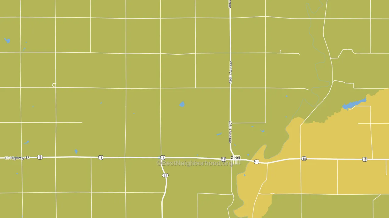Map of the best neighborhoods in the Olivet area, with better matches in green and worse matches in red