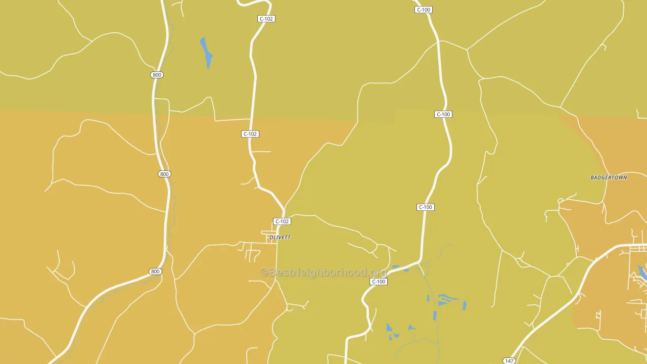 Map of the best neighborhoods in the Olivett area, with better matches in green and worse matches in red