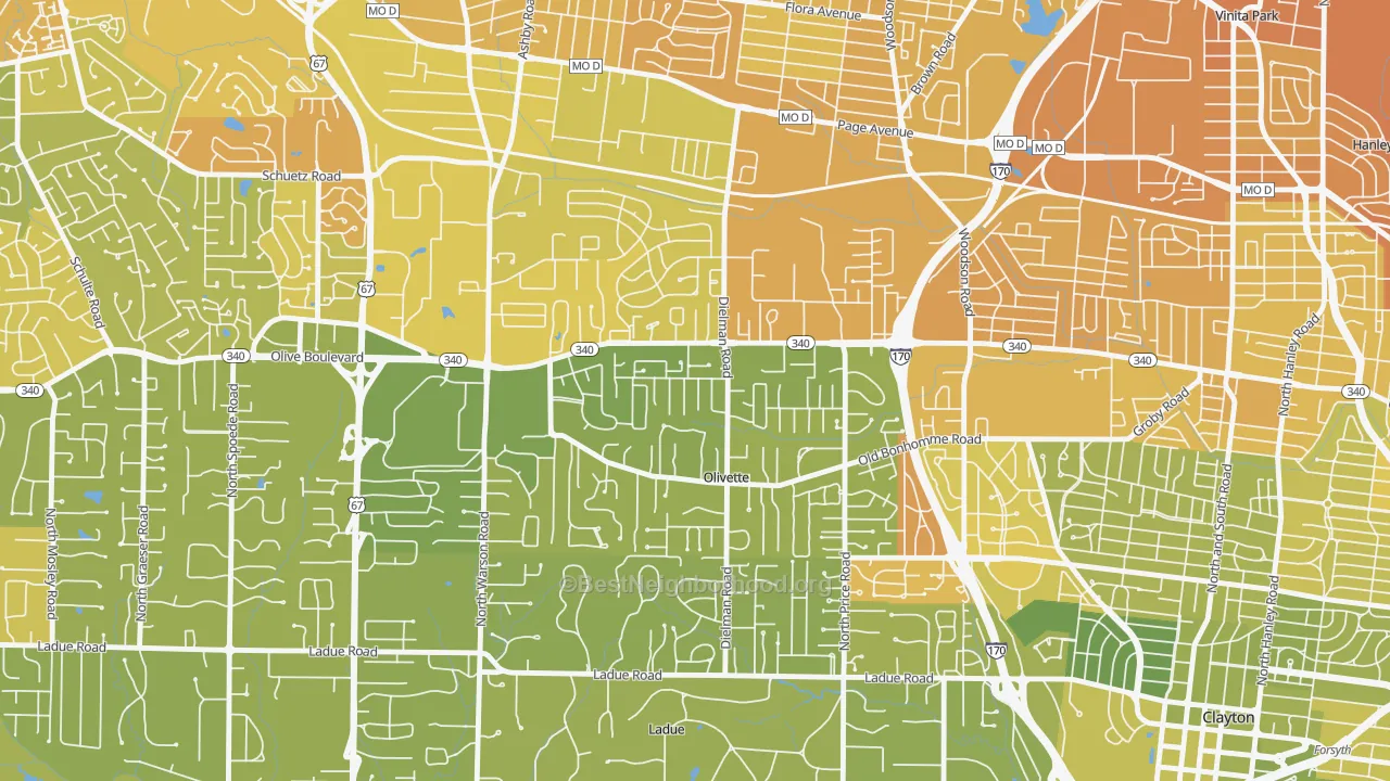Map of the best neighborhoods in the Olivette area, with better matches in green and worse matches in red