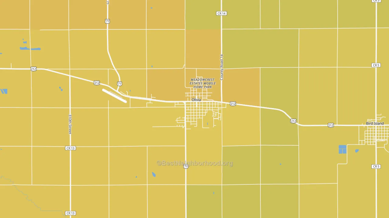 Map of the best neighborhoods in the Olivia area, with better matches in green and worse matches in red