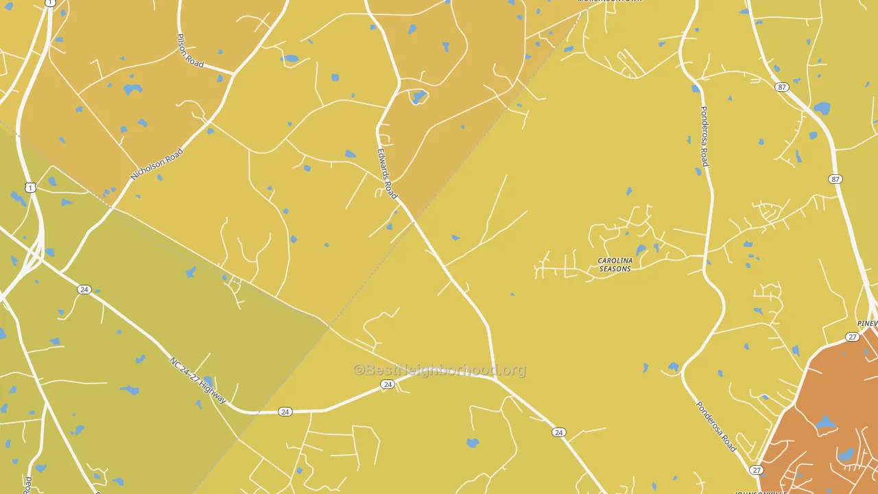 Map of the best neighborhoods in the Olivia area, with better matches in green and worse matches in red